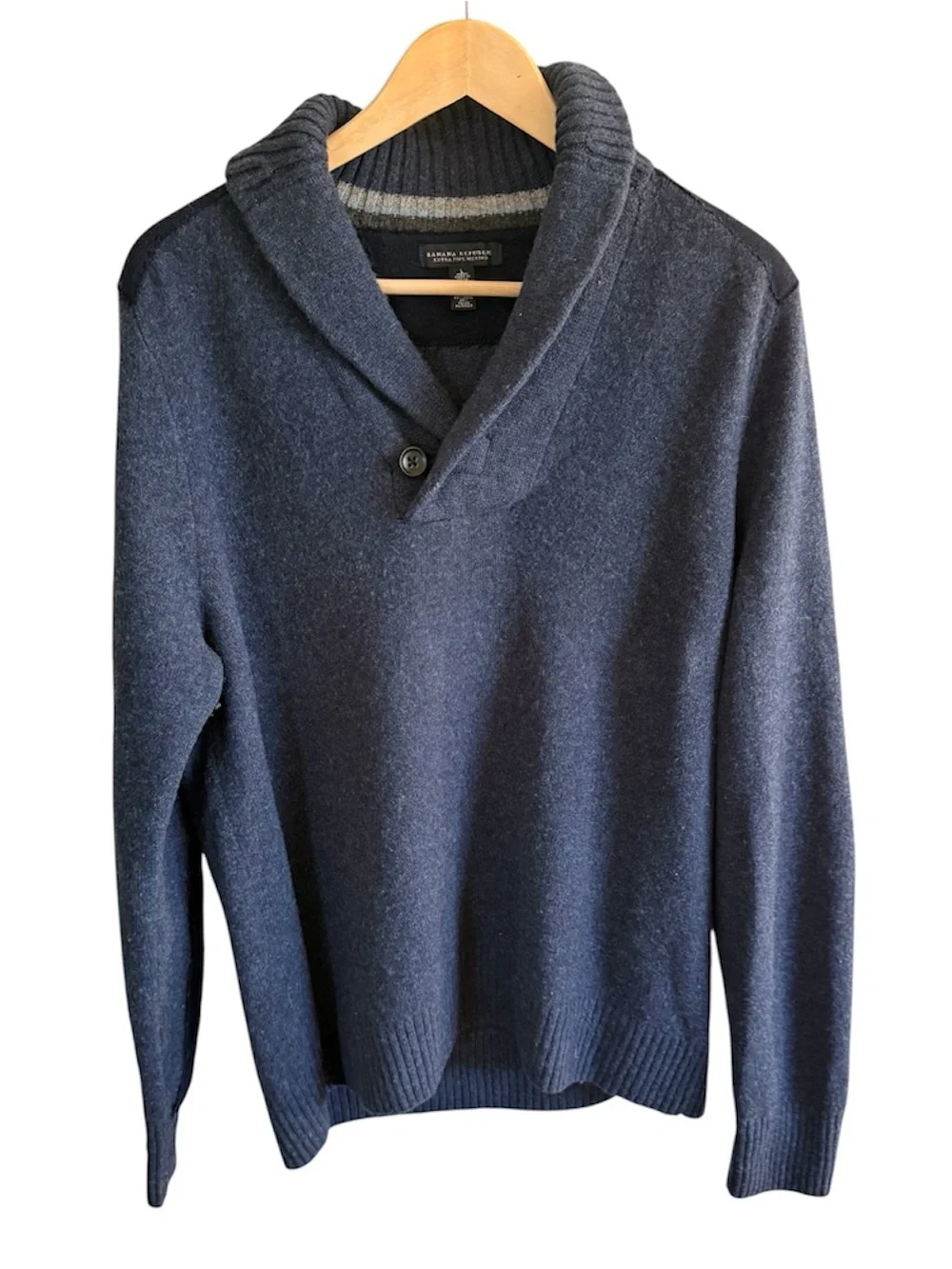 Banana Republic Men Shawl Collar 100% Extra Fine Merino Wool Navy Sweater Large